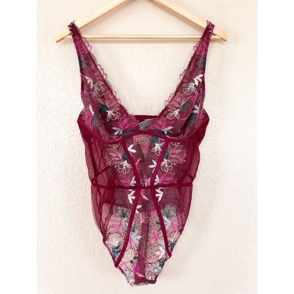 NEW Victoria's Secret Maroon Lace Bodysuit L/XL Thong Floral - Picture 2 of 7